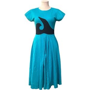 RARE Joanie Char Vintage 80s Blue & Black Wave Abstract Retro Mod Midi Dress